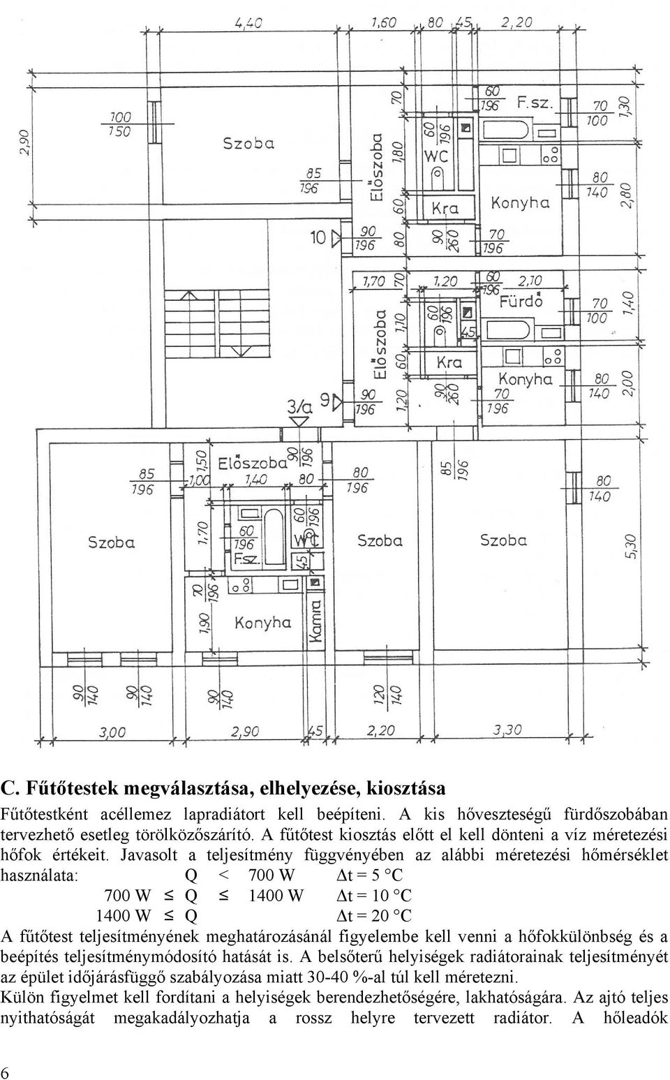 Javasolt a teljesítmény függvényében az alábbi méretezési hőmérséklet használata: Q < 700 W Δt = 5 C 700 W Q 1400 W Δt = 10 C 1400 W Q Δt = 20 C A fűtőtest teljesítményének meghatározásánál