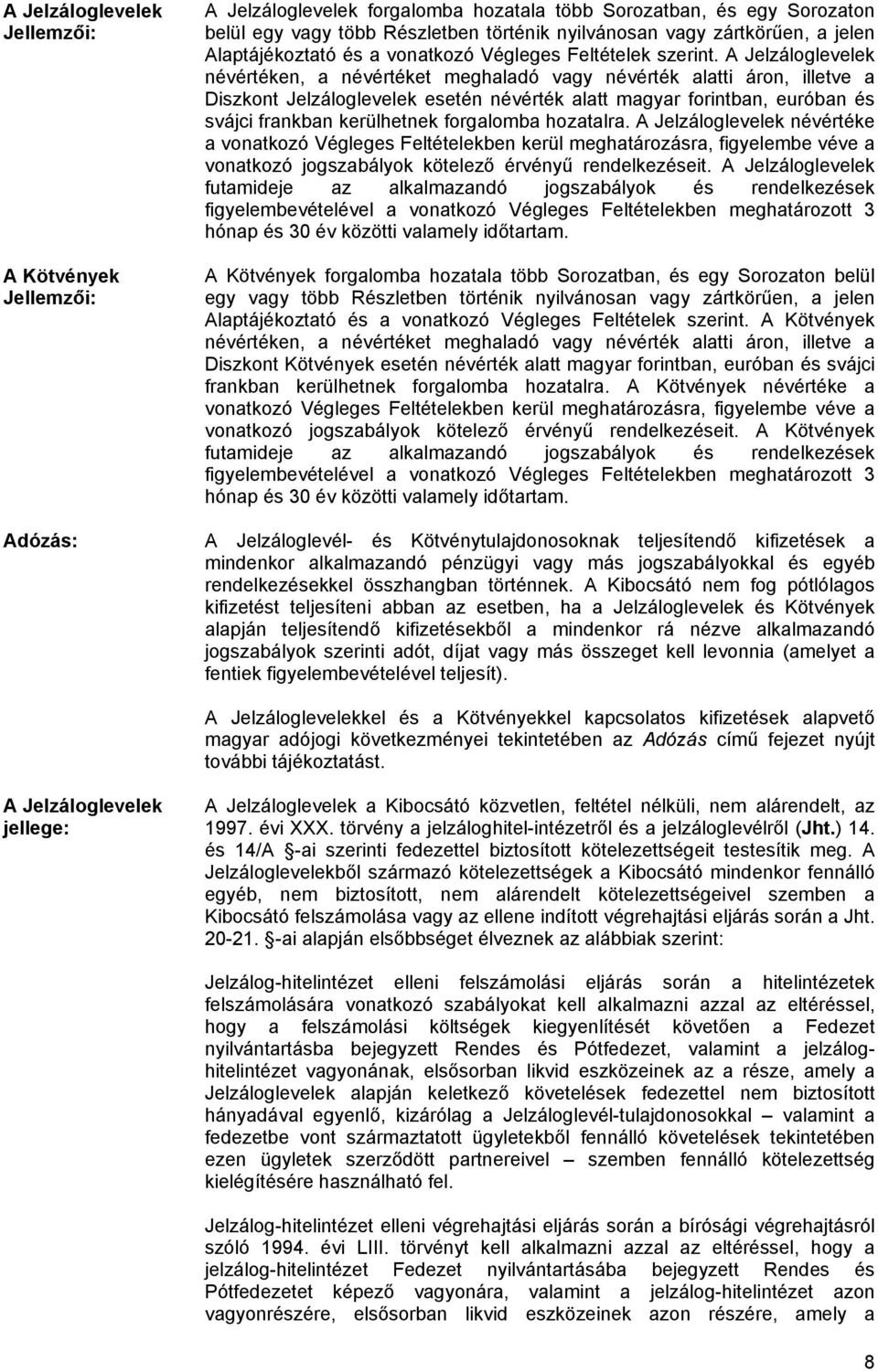 A Jelzáloglevelek névértéken, a névértéket meghaladó vagy névérték alatti áron, illetve a Diszkont Jelzáloglevelek esetén névérték alatt magyar forintban, euróban és svájci frankban kerülhetnek