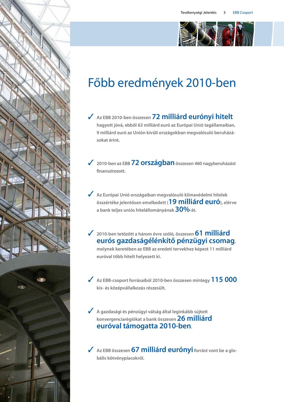 Az Európai Unió országaiban megvalósuló klímavédelmi hitelek összértéke jelentősen emelkedett (19 milliárd euró), elérve a bank teljes uniós hitelállományának 30%-át.