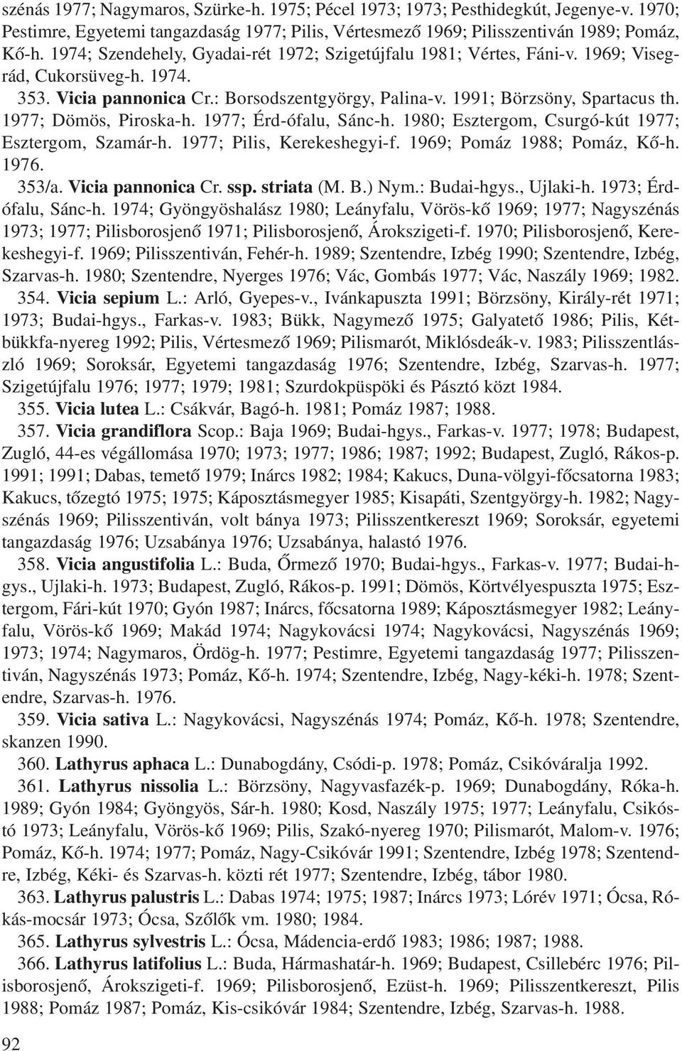 1977; Dömös, Piroska-h. 1977; Érd-ófalu, Sánc-h. 1980; Esztergom, Csurgó-kút 1977; Esztergom, Szamár-h. 1977; Pilis, Kerekeshegyi-f. 1969; Pomáz 1988; Pomáz, Kõ-h. 1976. 353/a. Vicia pannonica Cr.