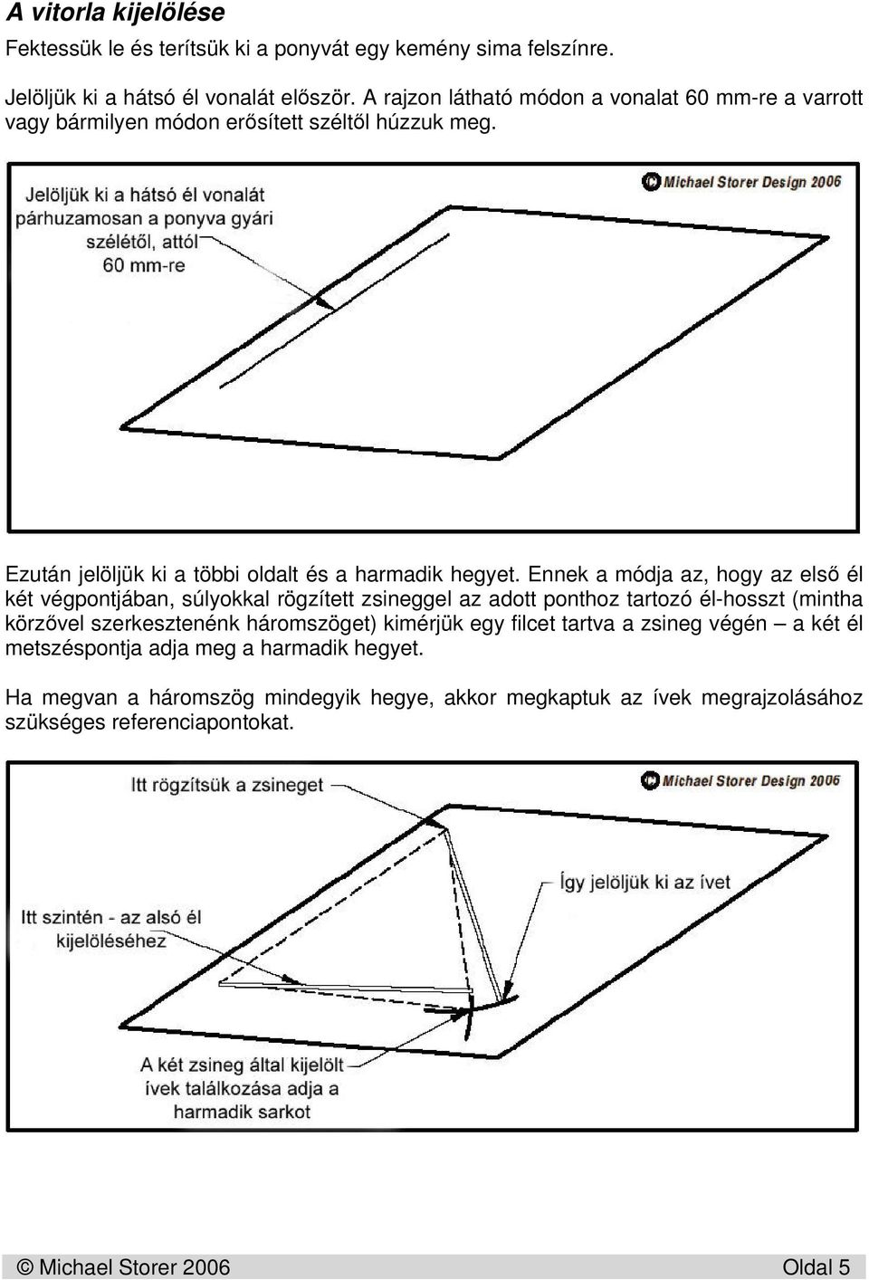 Ennek a módja az, hogy az els él két végpontjában, súlyokkal rögzített zsineggel az adott ponthoz tartozó él-hosszt (mintha körzvel szerkesztenénk háromszöget)