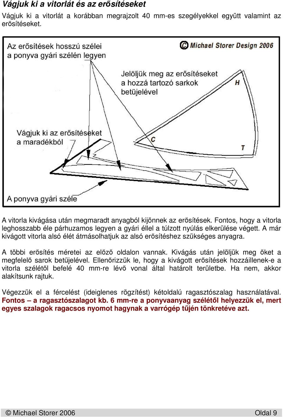 A már kivágott vitorla alsó élét átmásolhatjuk az alsó ersítéshez szükséges anyagra. A többi ersítés méretei az elz oldalon vannak. Kivágás után jelöljük meg ket a megfelel sarok betjelével.