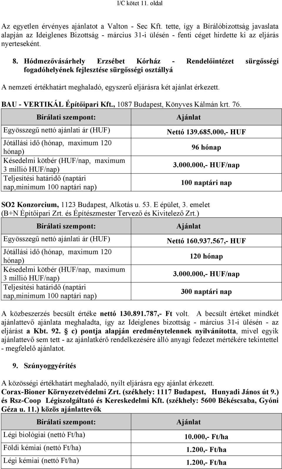 Hódmezővásárhely Erzsébet Kórház - Rendelőintézet sürgősségi fogadóhelyének fejlesztése sürgősségi osztállyá A nemzeti értékhatárt meghaladó, egyszerű eljárásra két ajánlat érkezett.