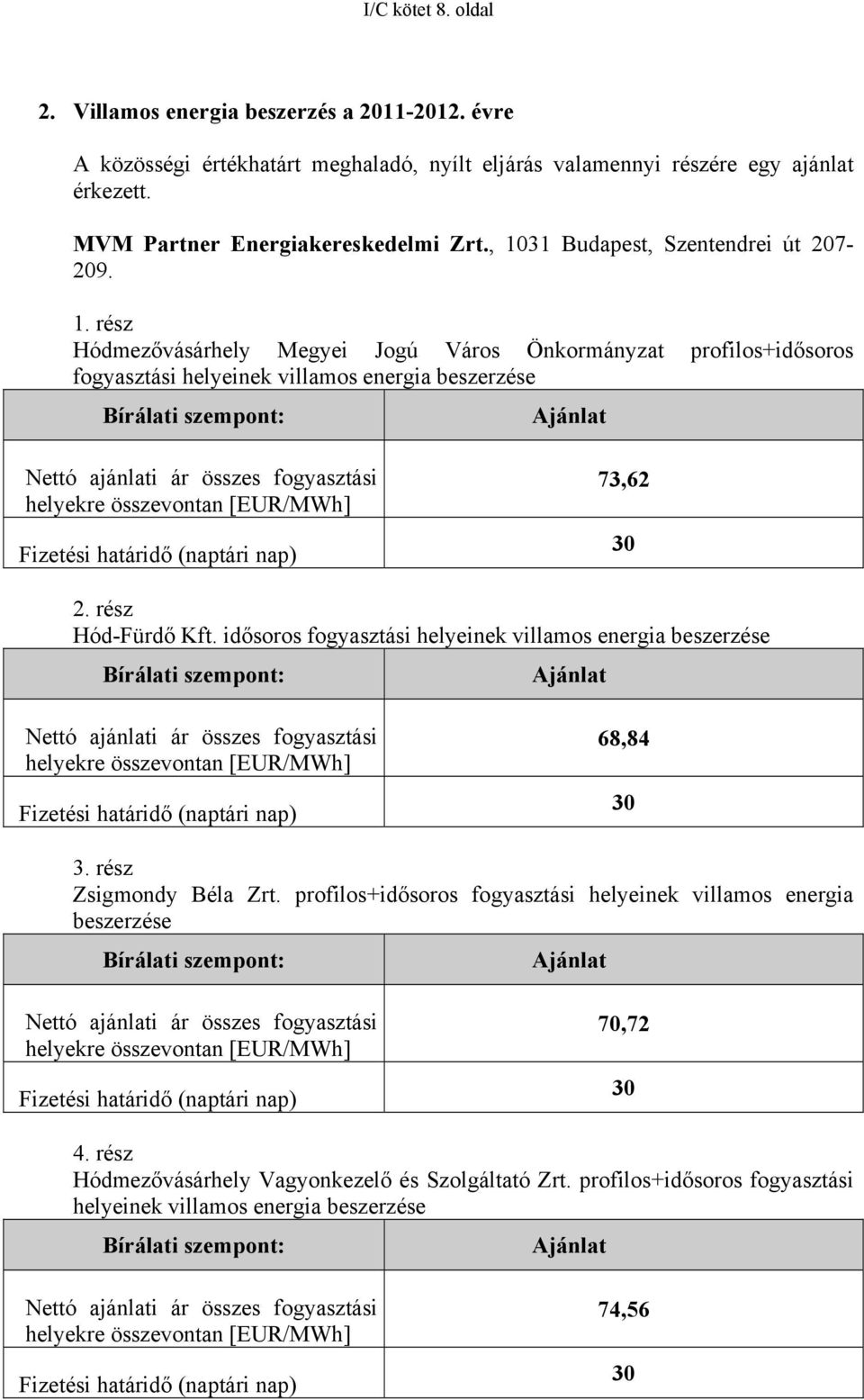 fogyasztási helyekre összevontan [EUR/MWh] Fizetési határidő (naptári nap) 73,62 30 2. rész Hód-Fürdő Kft.