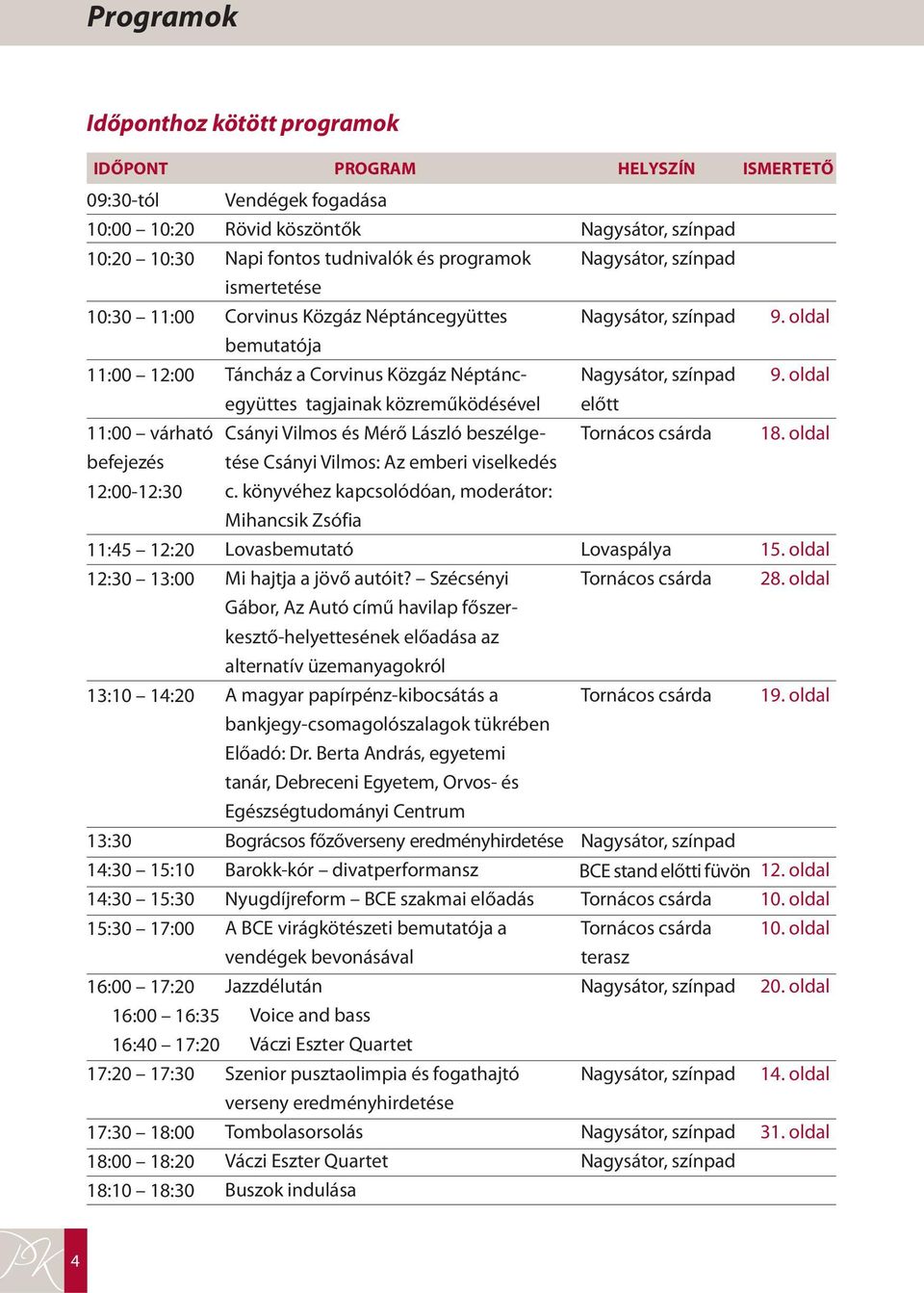 Vilmos: Az emberi viselkedés befejezés 12:00-12:30 c. könyvéhez kapcsolódóan, moderátor: Mihancsik Zsófia 11:45 12:20 Lovasbemutató 12:30 13:00 Mi hajtja a jövő autóit?