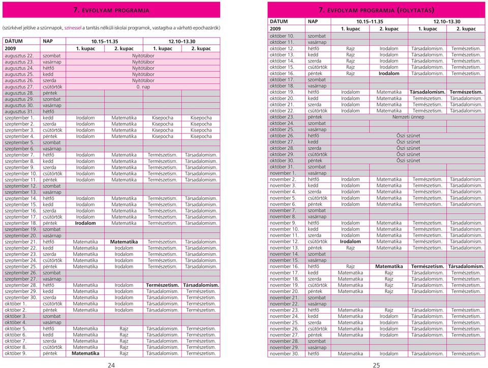 nap augusztus 28. péntek augusztus 29. augusztus 30. augusztus 31. hétfô szeptember 1. kedd Irodalom Matematika Kisepocha Kisepocha szeptember 2.