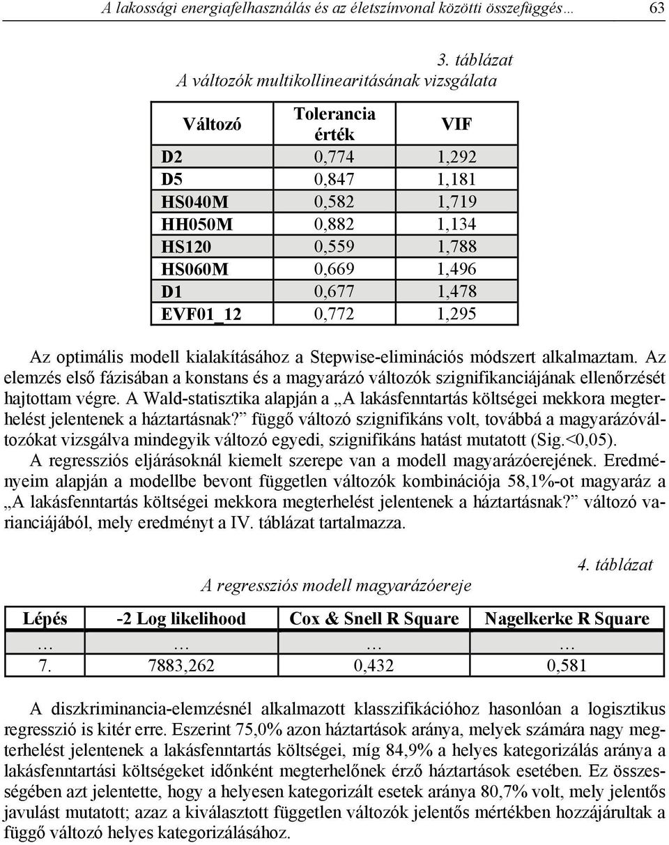 1,478 EVF01_12 0,772 1,295 Az optimális modell kialakításához a Stepwise-eliminációs módszert alkalmaztam.