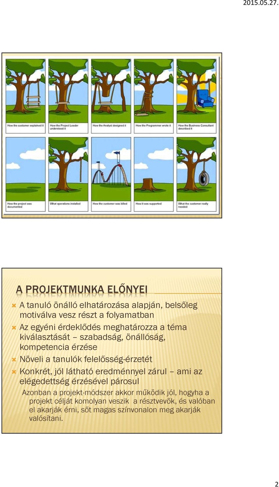 Konkrét, jól látható eredménnyel zárul ami az elégedettség érzésével párosul Azonban a projekt-módszer akkor működik jól,