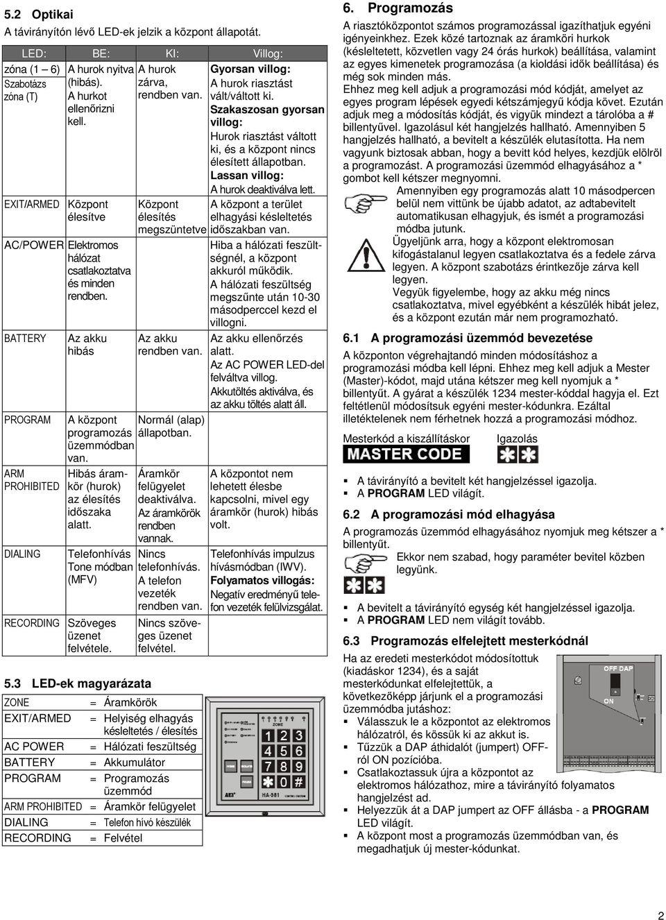 Lassan villog: A hurok deaktiválva lett. EXIT/ARMED Központ élesítve AC/POWER Elektromos hálózat csatlakoztatva és minden rendben.