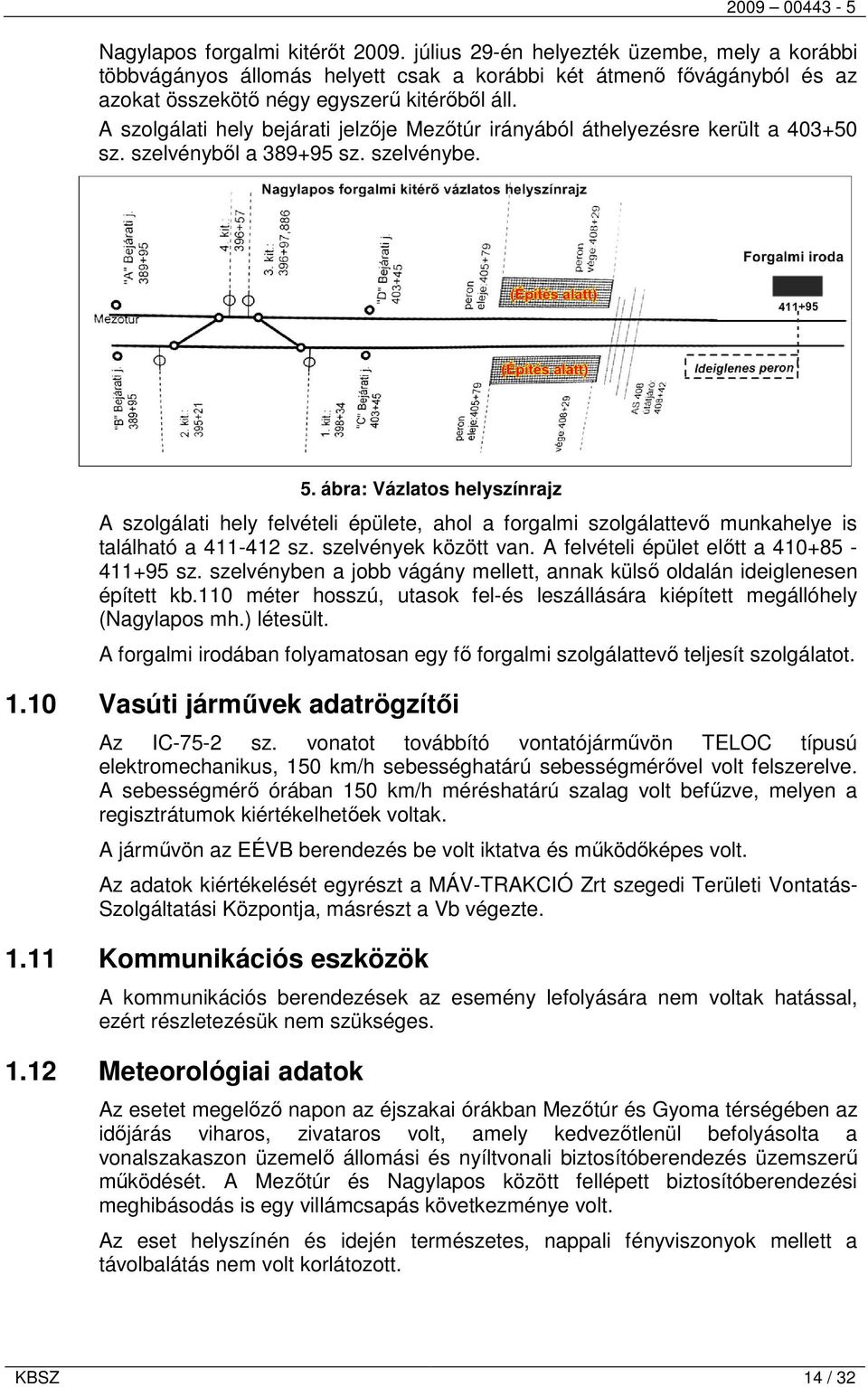 ábra: Vázlatos helyszínrajz A szolgálati hely felvételi épülete, ahol a forgalmi szolgálattevő munkahelye is található a 411-412 sz. szelvények között van. A felvételi épület előtt a 410+85-411+95 sz.