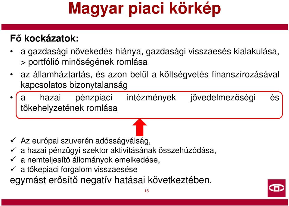 intézmények jövedelmezőségi és tőkehelyzetének romlása Az európai szuverén adósságválság, a hazai pénzügyi szektor