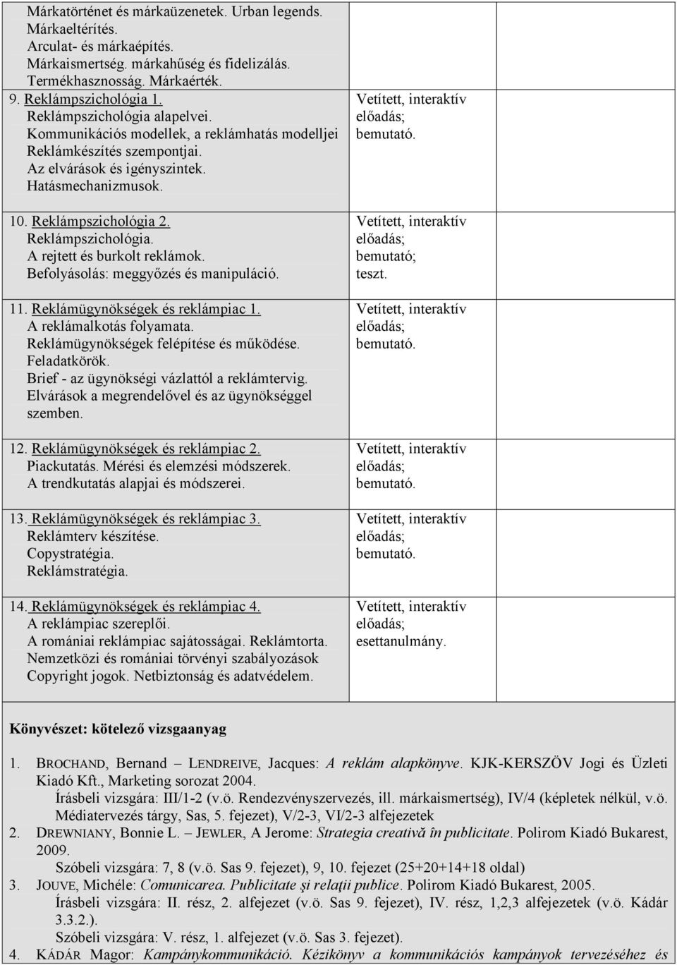 Reklámpszichológia. A rejtett és burkolt reklámok. Befolyásolás: meggyőzés és manipuláció. 11. Reklámügynökségek és reklámpiac 1. A reklámalkotás folyamata. Reklámügynökségek felépítése és működése.