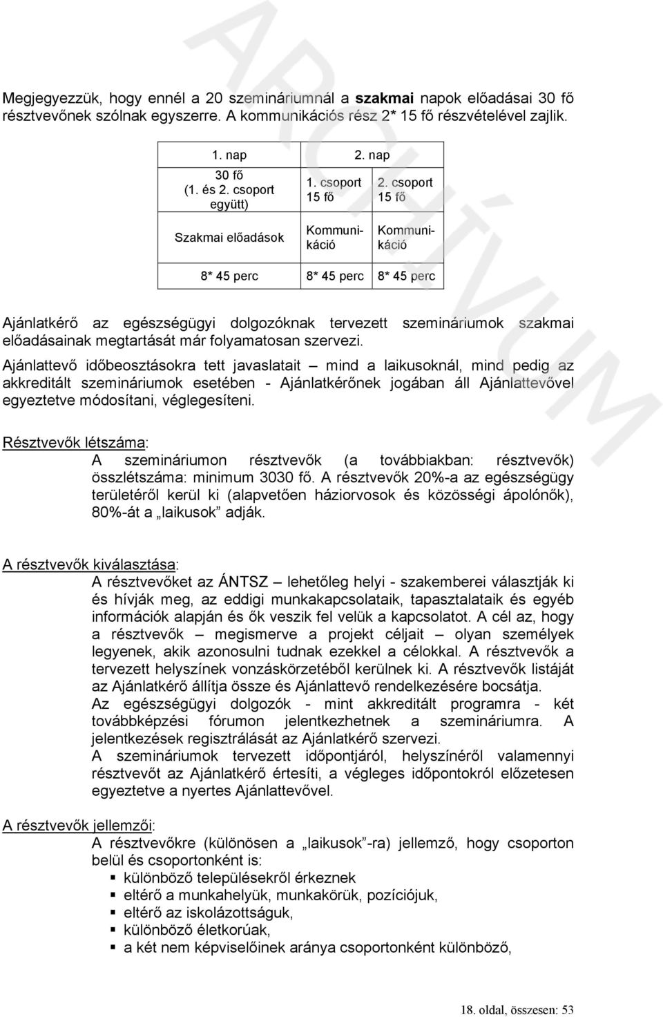 csoport 15 fő Szakmai előadások Kommunikáció Kommunikáció 8* 45 perc 8* 45 perc 8* 45 perc Ajánlatkérő az egészségügyi dolgozóknak tervezett szemináriumok szakmai előadásainak megtartását már