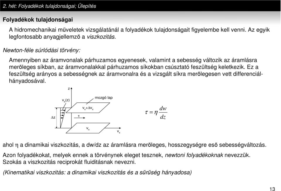 Ez a feszülség arányos a sebességne az áramvonalra és a vizsgál síra merlegesen ve differenciálhányadosával.