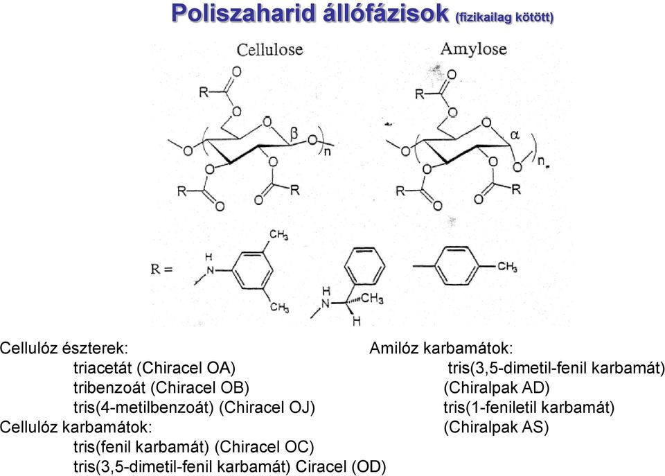 (Chiralpak AD) tris(4-metilbenzoát) (Chiracel OJ) tris(1-feniletil karbamát) Cellulóz