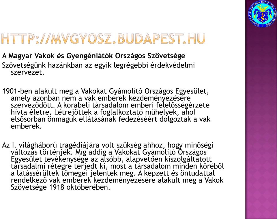 Létrejöttek a foglalkoztató műhelyek, ahol elsősorban önmaguk ellátásának fedezéséért dolgoztak a vak emberek. Az I. világháború tragédiájára volt szükség ahhoz, hogy minőségi változás történjék.