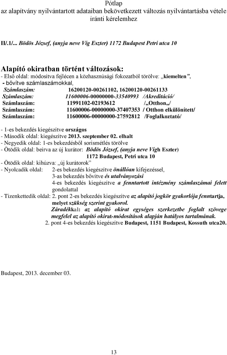 számlaszámokkal, Számlaszám: 16200120-00261102, 16200120-00261133 Számlaszám: 11600006-00000000-33540993 /Akreditáció/ Számlaszám: 11991102-02193612 / Otthon / Számlaszám: 11600006-00000000-37407353