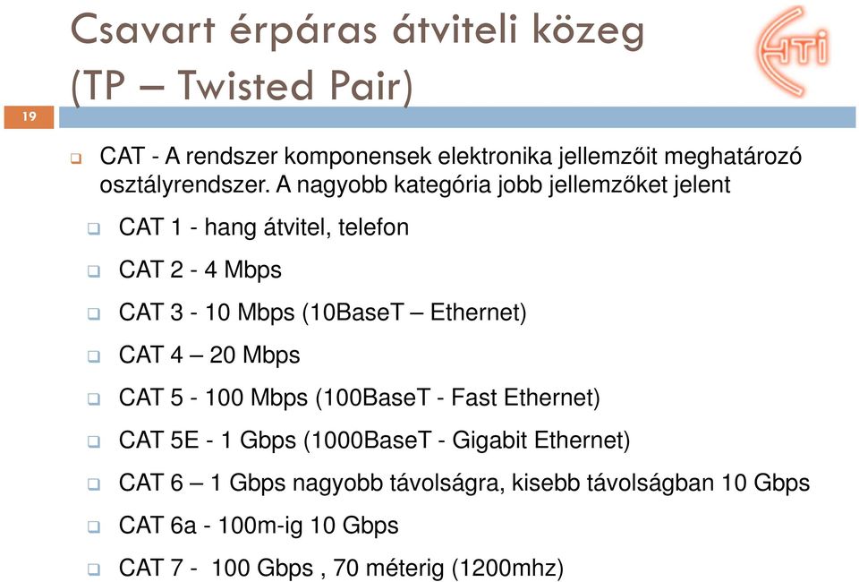 A nagyobb kategória jobb jellemzőket jelent CAT 1 - hang átvitel, telefon CAT 2-4 Mbps CAT 3-10 Mbps (10BaseT Ethernet)