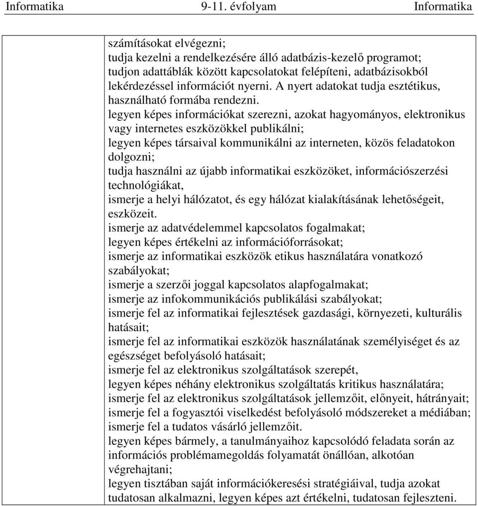 legyen képes információkat szerezni, azokat hagyományos, elektronikus vagy internetes eszközökkel publikálni; legyen képes társaival kommunikálni az interneten, közös feladatokon dolgozni; tudja