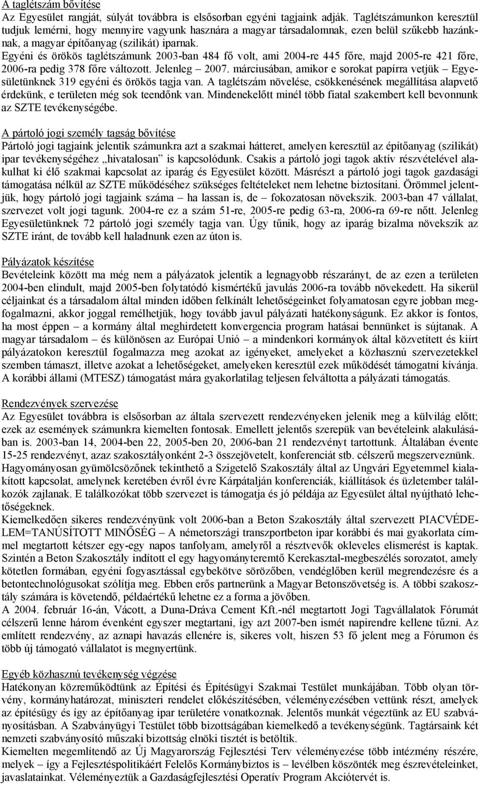 Egyéni és örökös taglétszámunk 2003-ban 484 fő volt, ami 2004-re 445 főre, majd 2005-re 421 főre, 2006-ra pedig 378 főre változott. Jelenleg 2007.