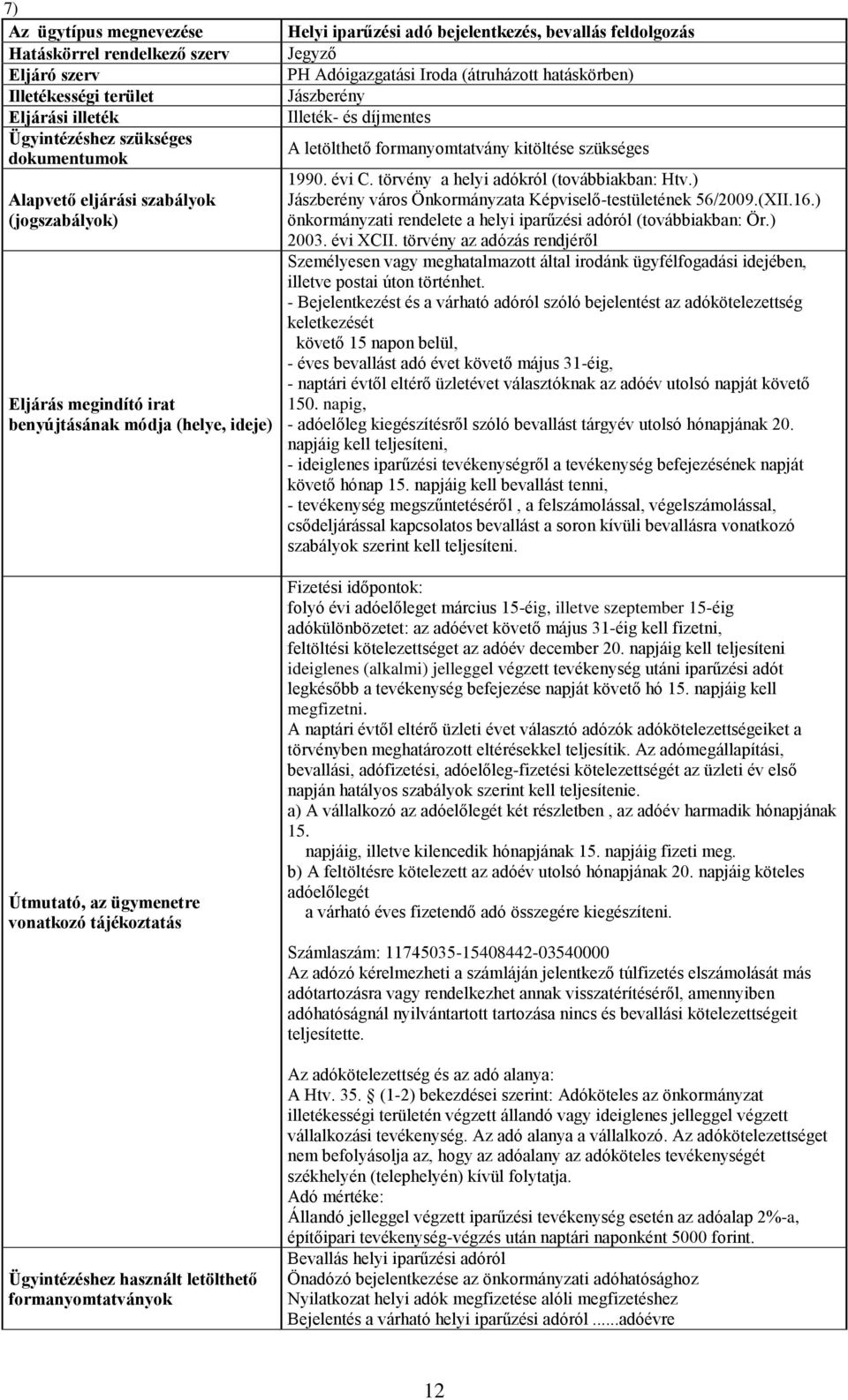 ) Jászberény város Önkormányzata Képviselő-testületének 56/2009.(XII.16.) önkormányzati rendelete a helyi iparűzési adóról (továbbiakban: Ör.) 2003. évi XCII.