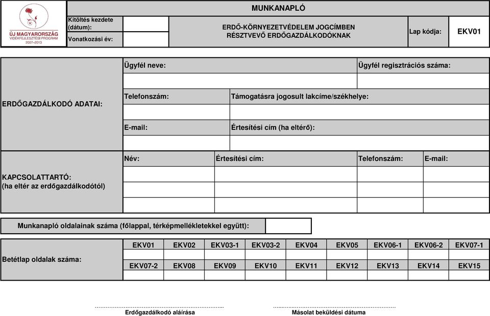 Értesítési cím: Telefon KAPCSOLATTARTÓ: (ha eltér az erdıgazdálkodótól) Munkanapló oldalainak száma (fılappal, térképmellékletekkel