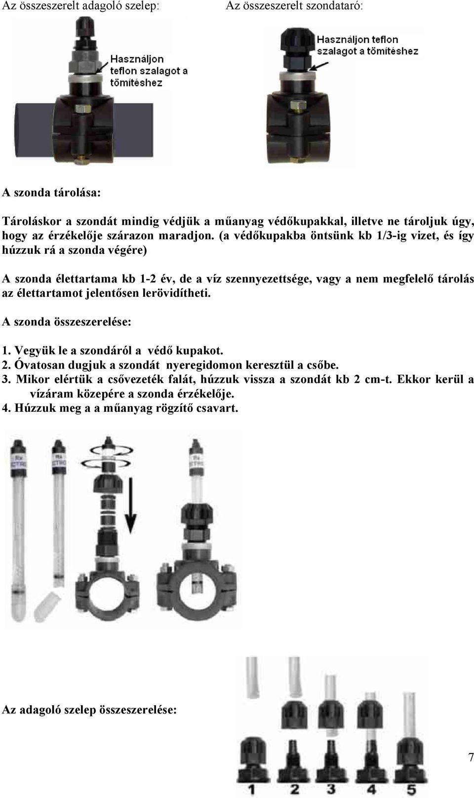 (a védőkupakba öntsünk kb 1/3-ig vizet, és így húzzuk rá a szonda végére) A szonda élettartama kb 1-2 év, de a víz szennyezettsége, vagy a nem megfelelő tárolás az élettartamot