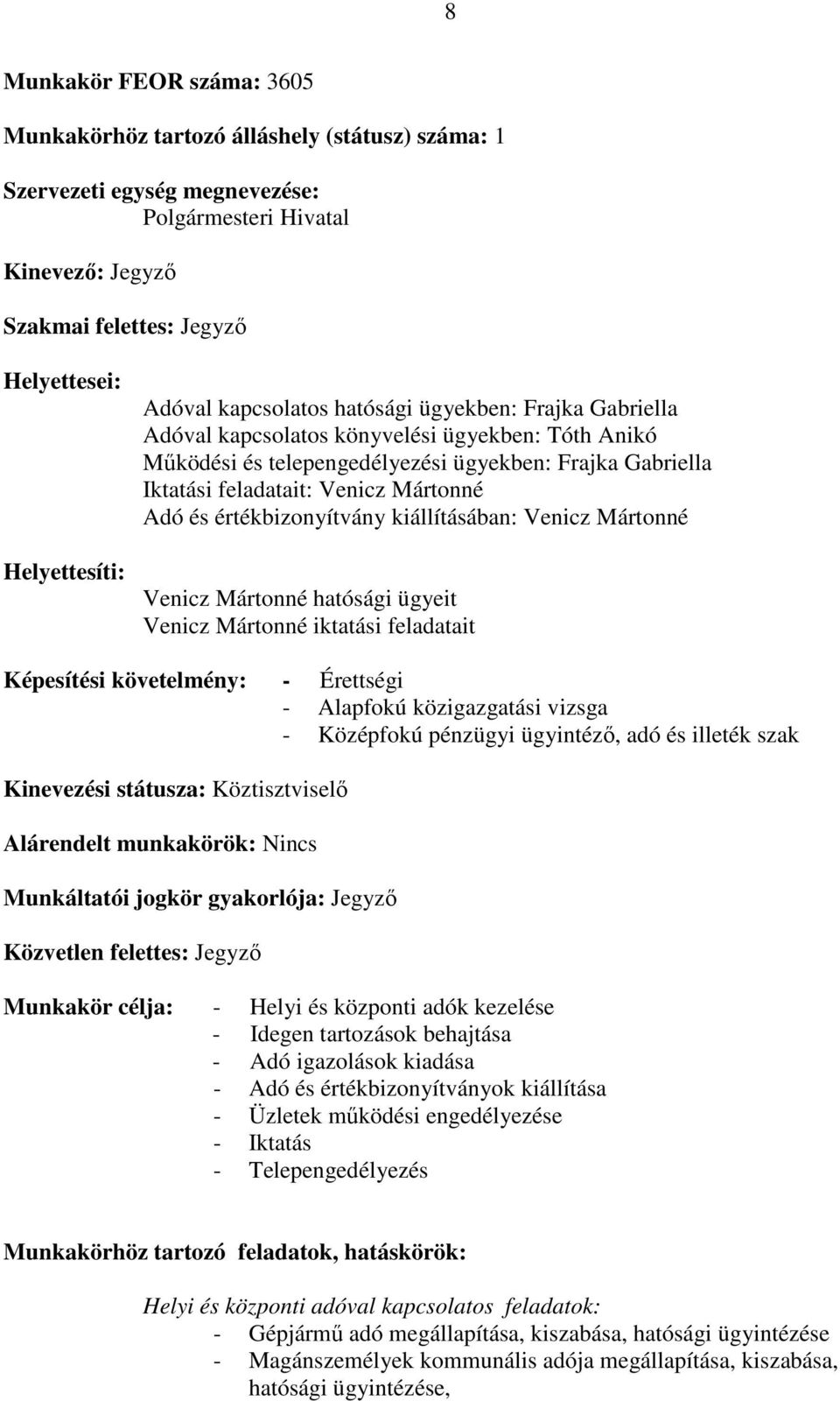 Mártonné Adó és értékbizonyítvány kiállításában: Venicz Mártonné Venicz Mártonné hatósági ügyeit Venicz Mártonné iktatási feladatait Képesítési követelmény: - Érettségi - Alapfokú közigazgatási