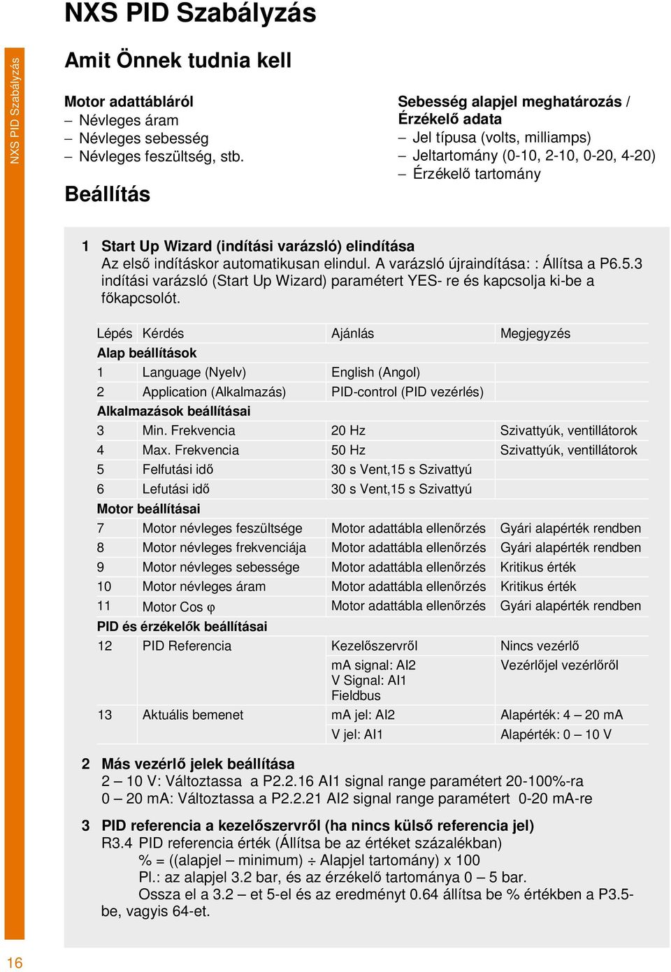 indításkor automatikusan elindul. A varázsló újraindítása: : Állítsa a P6.5.3 indítási varázsló (Start Up Wizard) paramétert YES- re és kapcsolja ki-be a fkapcsolót.