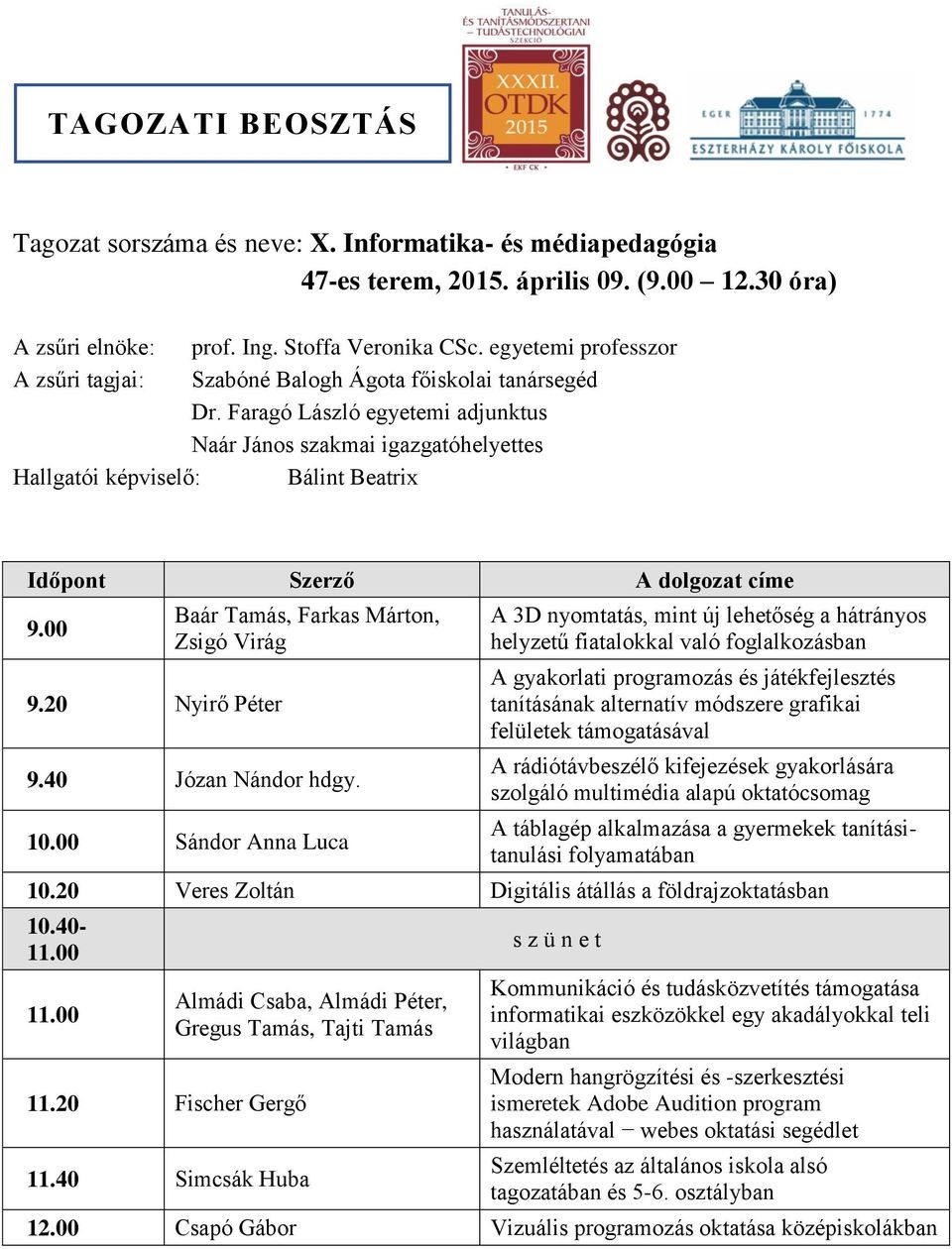 20 Nyirő Péter Baár Tamás, Farkas Márton, Zsigó Virág 9.40 Józan Nándor hdgy. 10.