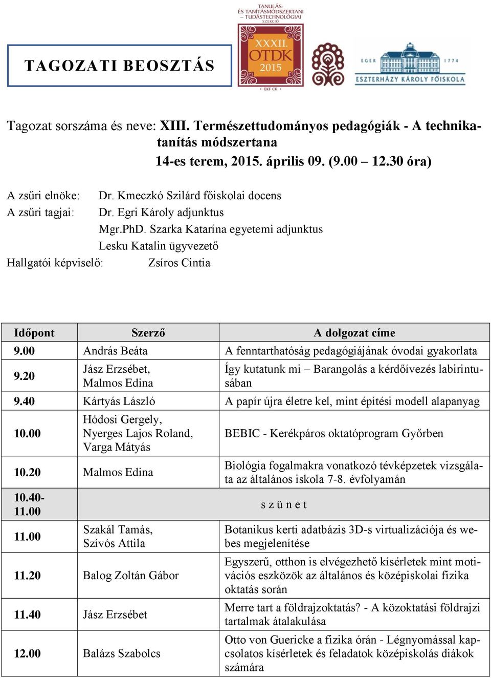 00 András Beáta A fenntarthatóság pedagógiájának óvodai gyakorlata 9.20 Jász Erzsébet, Malmos Edina Így kutatunk mi Barangolás a kérdőívezés labirintusában 9.