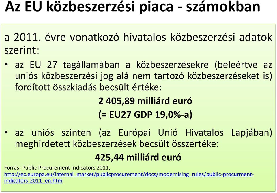 tartozó közbeszerzéseket is) fordított összkiadás becsült értéke: 2 405,89 milliárd euró (= EU27 GDP 19,0%-a) az uniós szinten (az Európai Unió