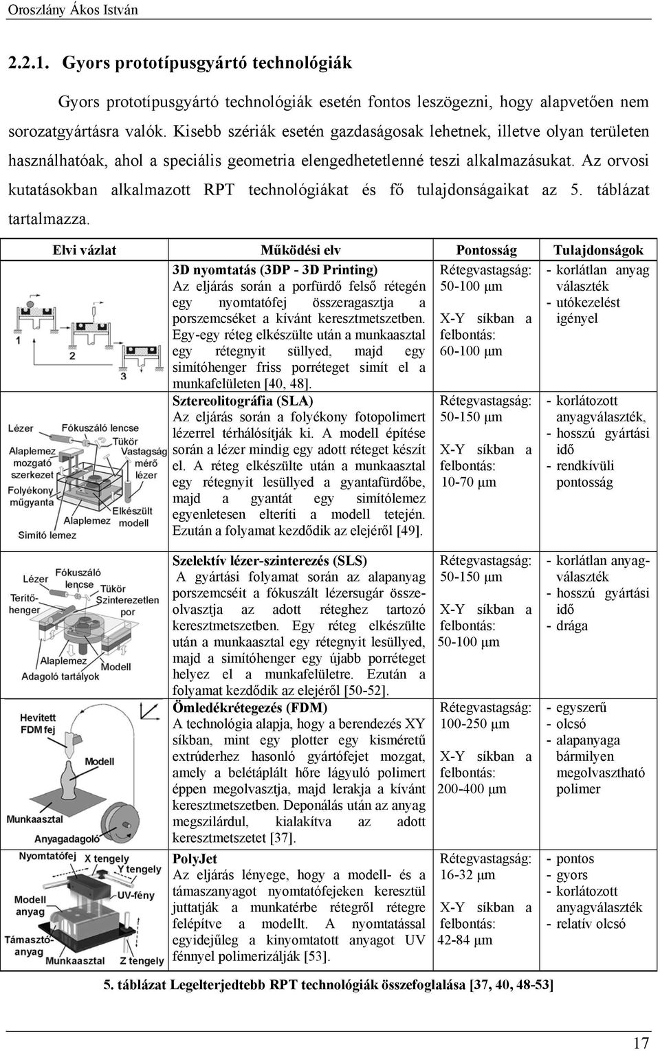 Az orvosi kutatásokban alkalmazott RPT technológiákat és fő tulajdonságaikat az 5. táblázat tartalmazza.