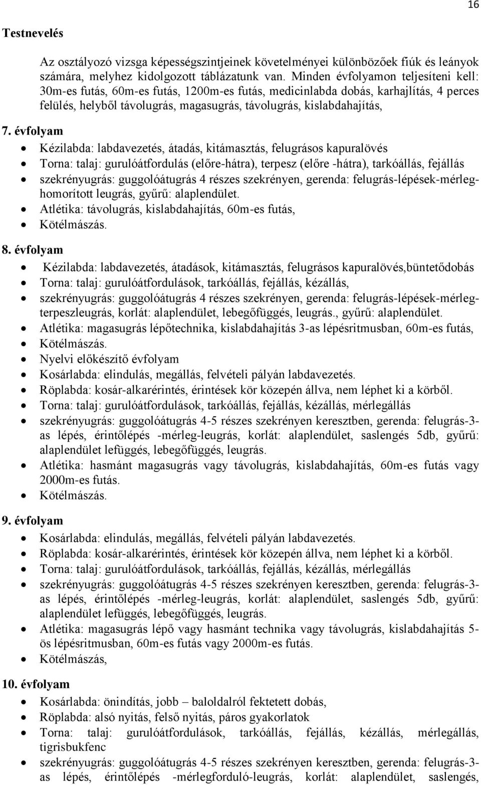 Kézilabda: labdavezetés, átadás, kitámasztás, felugrásos kapuralövés Torna: talaj: gurulóátfordulás (előre-hátra), terpesz (előre -hátra), tarkóállás, fejállás szekrényugrás: guggolóátugrás 4 részes