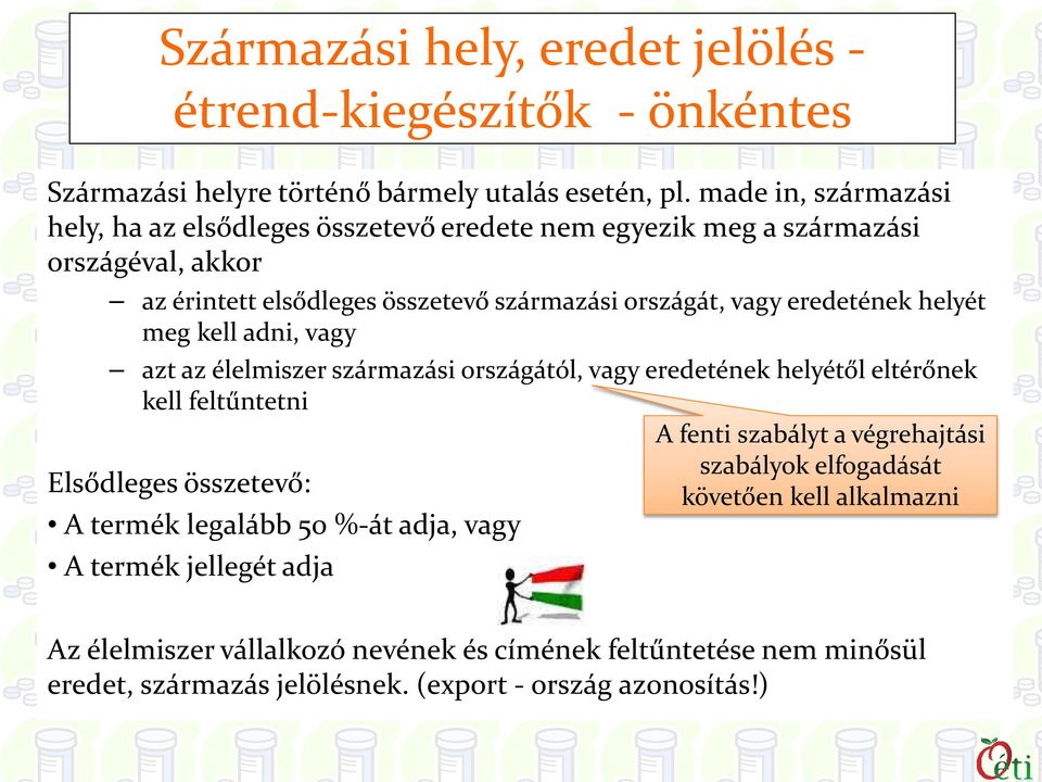 eredetének helyét meg kell adni, vagy azt az élelmiszer származási országától, vagy eredetének helyétől eltérőnek kell feltűntetni Elsődleges összetevő: A termék legalább 50