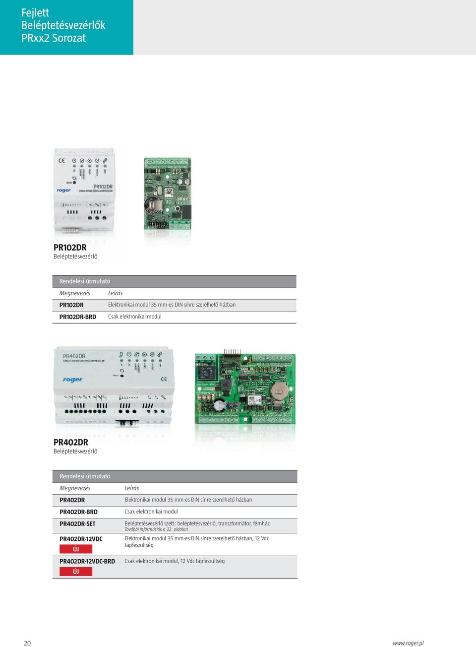 Rendelési útmutató Megnevezés PR402DR PR402DR-BRD PR402DR-SET PR402DR-12VDC ÚJ PR402DR-12VDC-BRD ÚJ Leírás Elektronikai modul 35 mm-es DIN sínre szerelhető házban