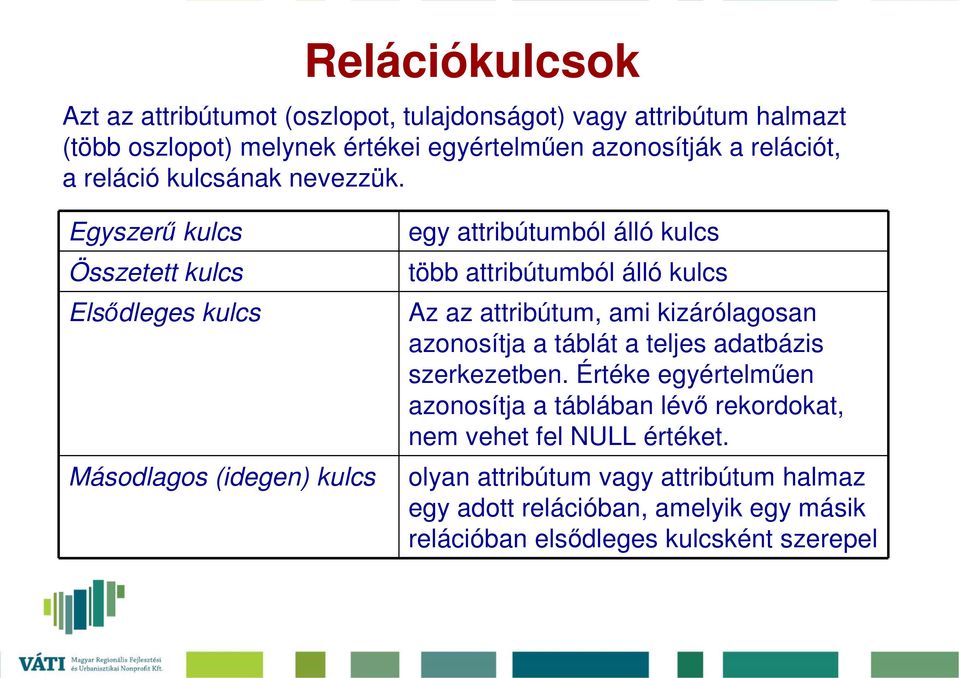 Egyszerő kulcs Összetett kulcs Elsıdleges kulcs Másodlagos (idegen) kulcs egy attribútumból álló kulcs több attribútumból álló kulcs Az az attribútum,