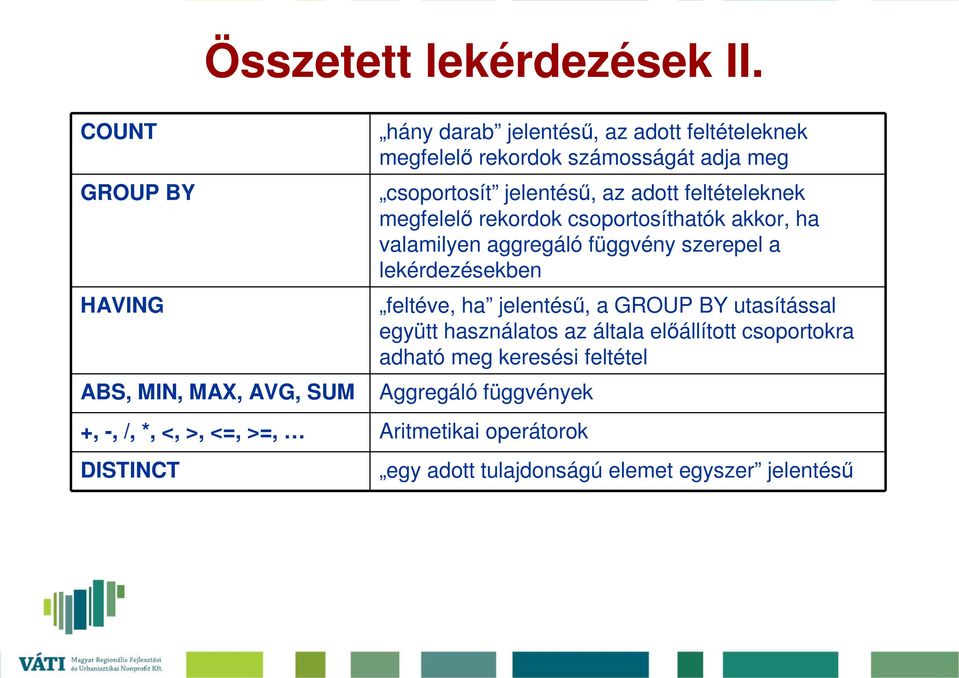 csoportosít jelentéső, az adott feltételeknek megfelelı rekordok csoportosíthatók akkor, ha valamilyen aggregáló függvény szerepel a