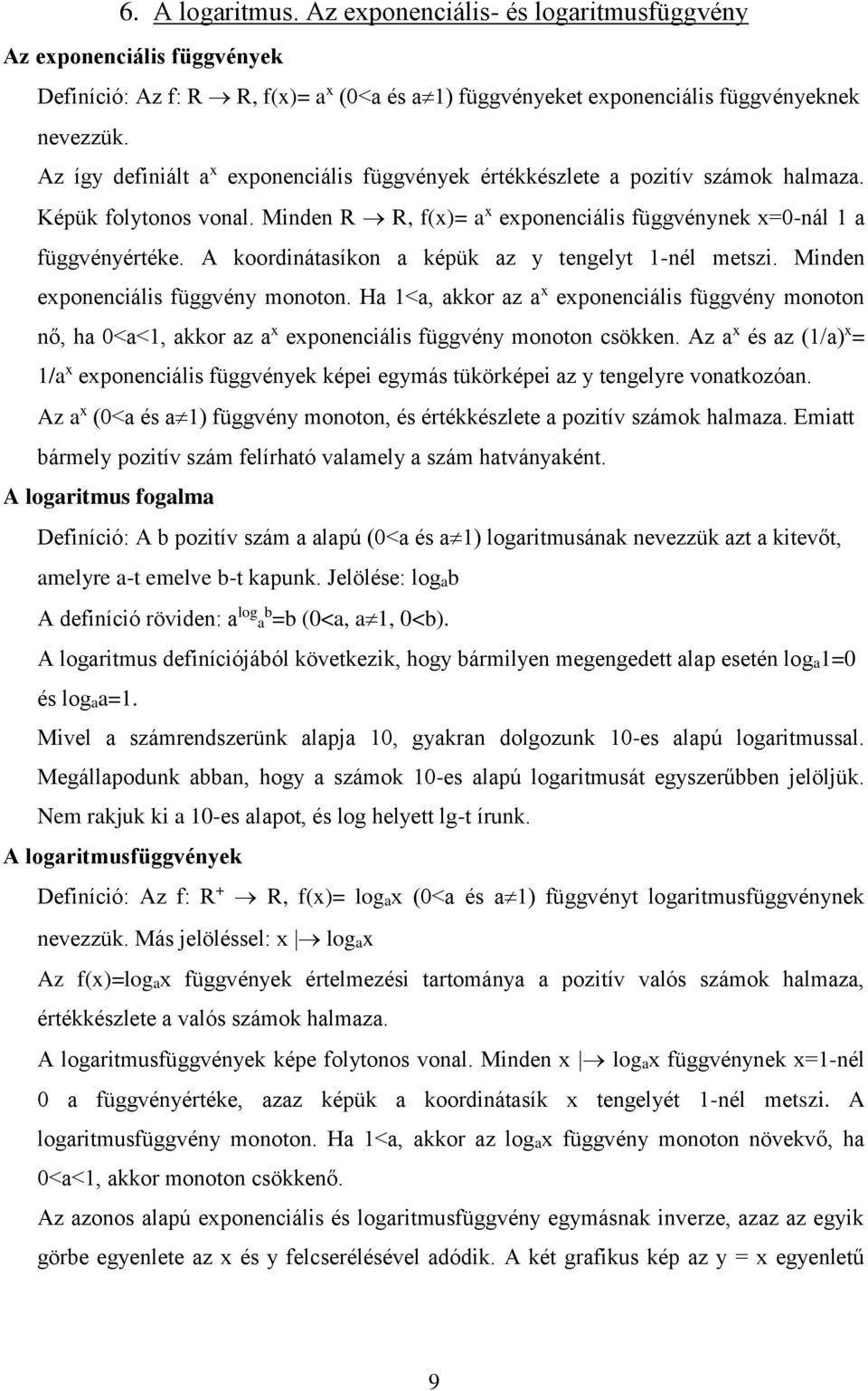 A koordinátasíkon a képük az y tengelyt 1-nél metszi. Minden exponenciális függvény monoton.