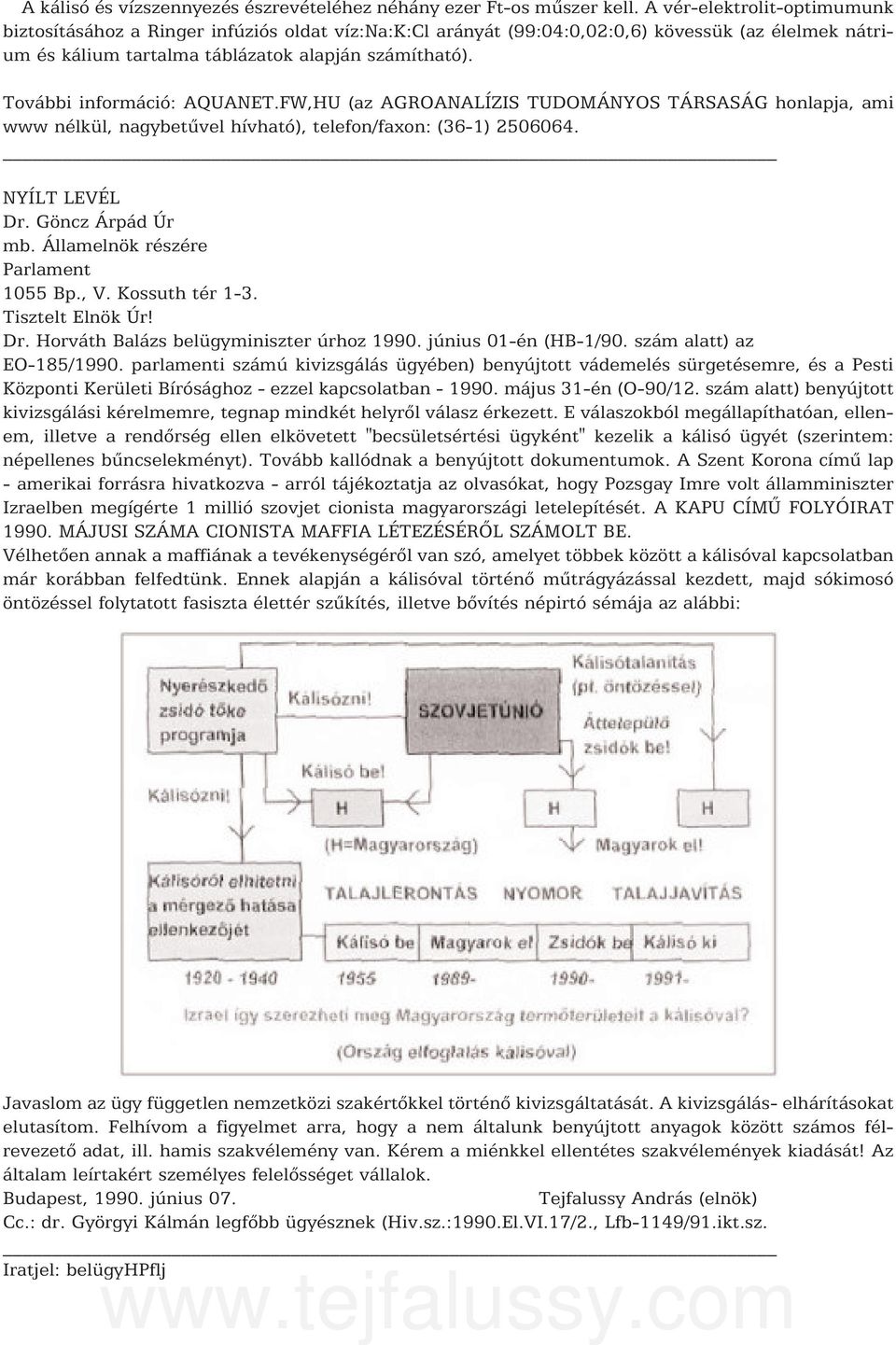 További információ: AQUANET.FW,HU (az AGROANALÍZIS TUDOMÁNYOS TÁRSASÁG honlapja, ami www nélkül, nagybetûvel hívható), telefon/faxon: (36-1) 2506064. NYÍLT LEVÉL Dr. Göncz Árpád Úr mb.