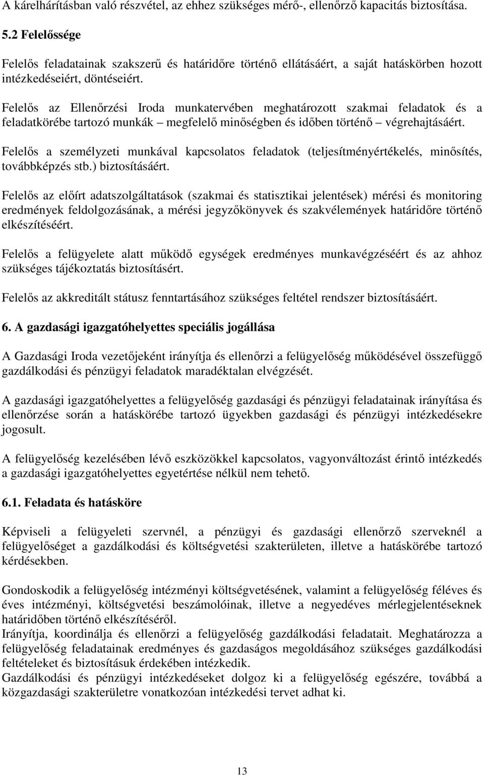 Felelős az Ellenőrzési Iroda munkatervében meghatározott szakmai feladatok és a feladatkörébe tartozó munkák megfelelő minőségben és időben történő végrehajtásáért.