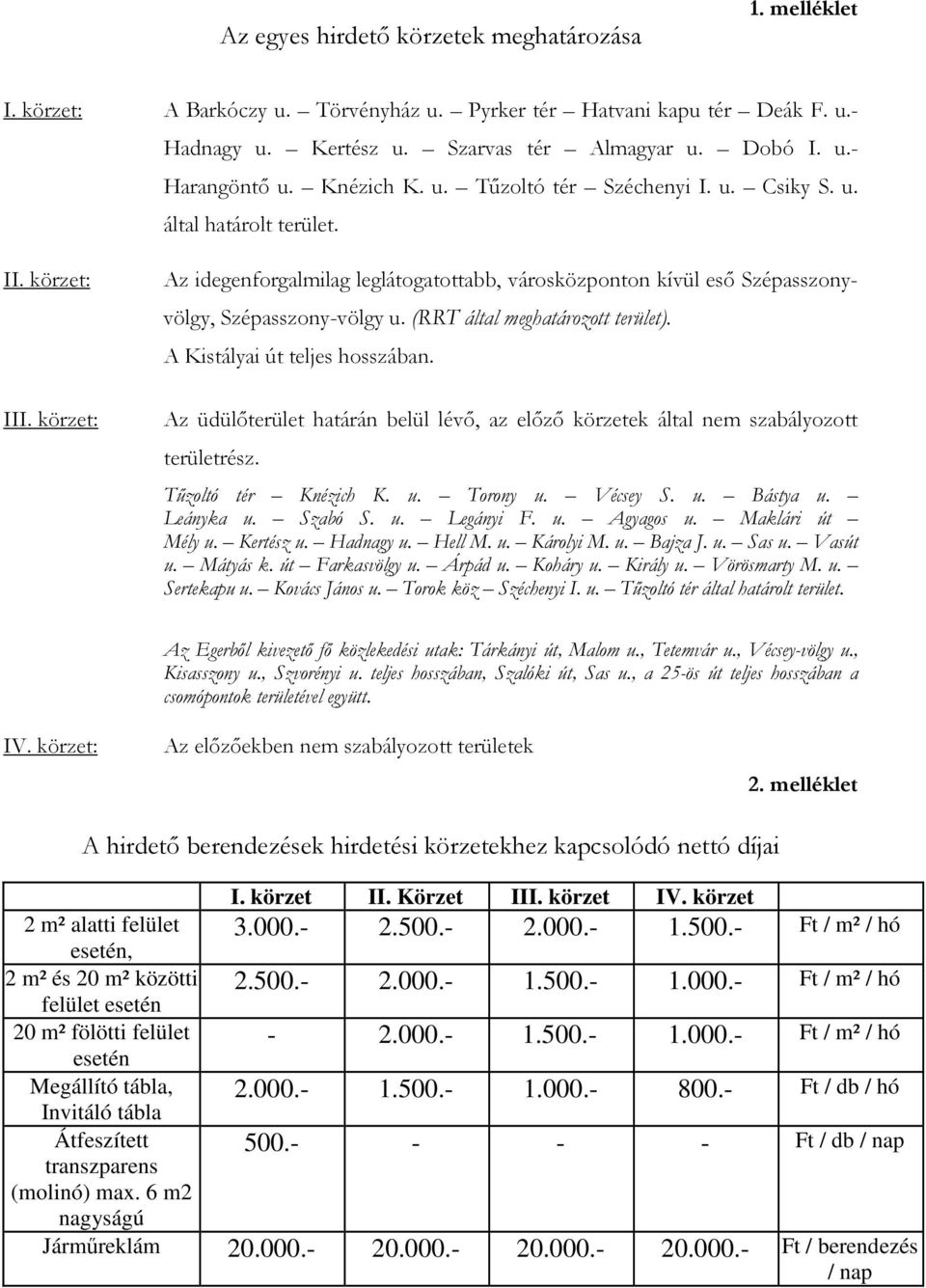 körzet: Az idegenforgalmilag leglátogatottabb, városközponton kívül eső Szépasszonyvölgy, Szépasszony-völgy u. (RRT által meghatározott terület). A Kistályai út teljes hosszában.