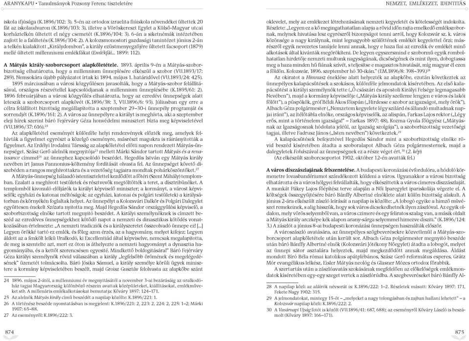 A kolozsmonostori gazdasági tanintézet június 2-án a telkén kialakított Királydombon, a király ezüstmenyegzőjére ültetett facsoport (1879) mellé ültetett millenniumi emlékfákat (Emlékfái 1899: 112).