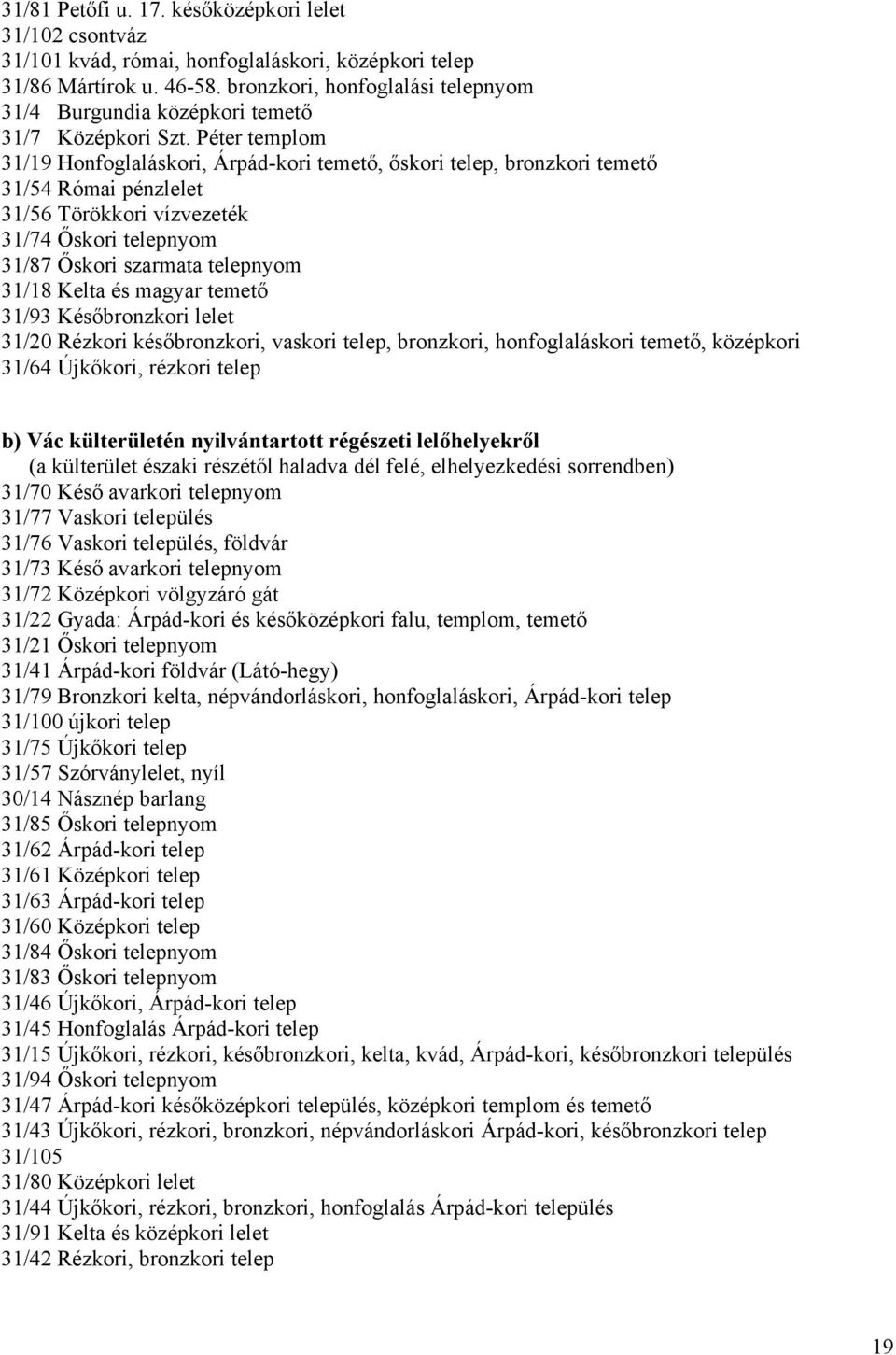 Péter templom 31/19 Honfoglaláskori, Árpád-kori temető, őskori telep, bronzkori temető 31/54 Római pénzlelet 31/56 Törökkori vízvezeték 31/74 Őskori telepnyom 31/87 Őskori szarmata telepnyom 31/18