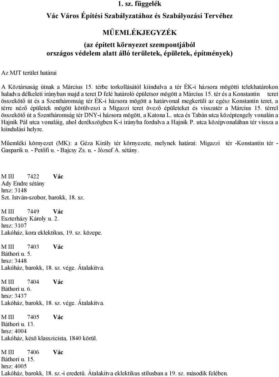 határai A Köztársaság útnak a Március 15. térbe torkollásától kiindulva a tér ÉK-i házsora mögötti telekhatárokon haladva délkeleti irányban majd a teret D felé határoló épületsor mögött a Március 15.