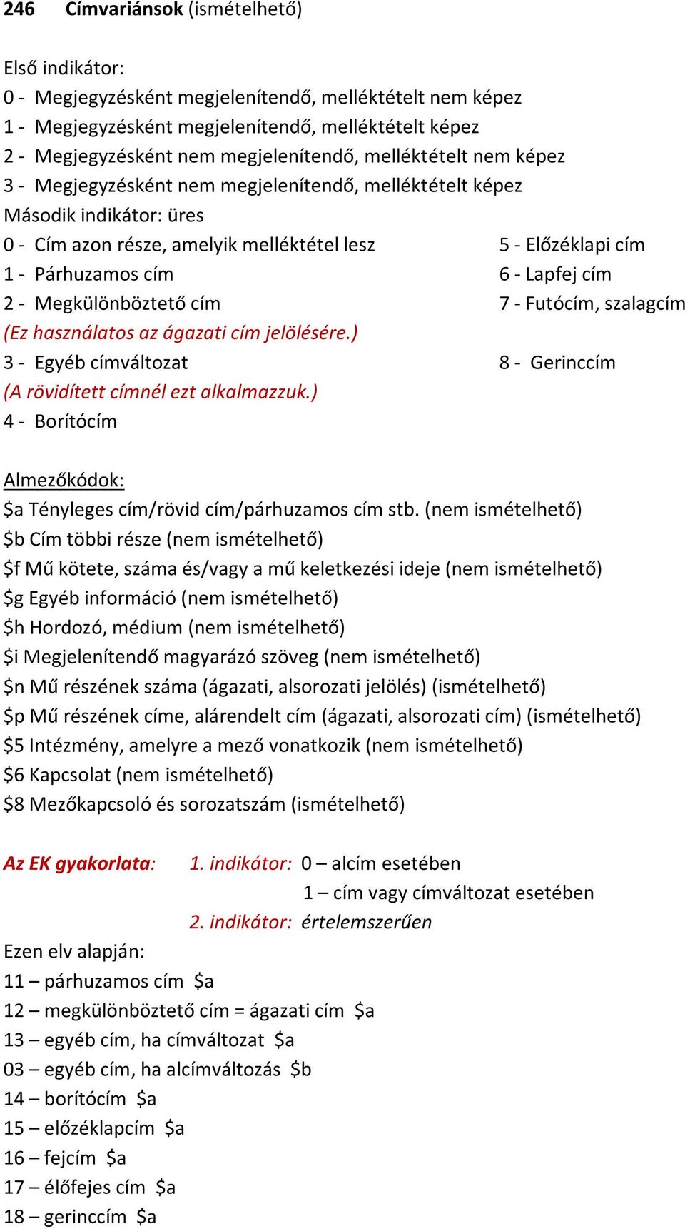 cím 2 - Megkülönböztető cím 7 - Futócím, szalagcím (Ez használatos az ágazati cím jelölésére.) 3 - Egyéb címváltozat 8 - Gerinccím (A rövidített címnél ezt alkalmazzuk.