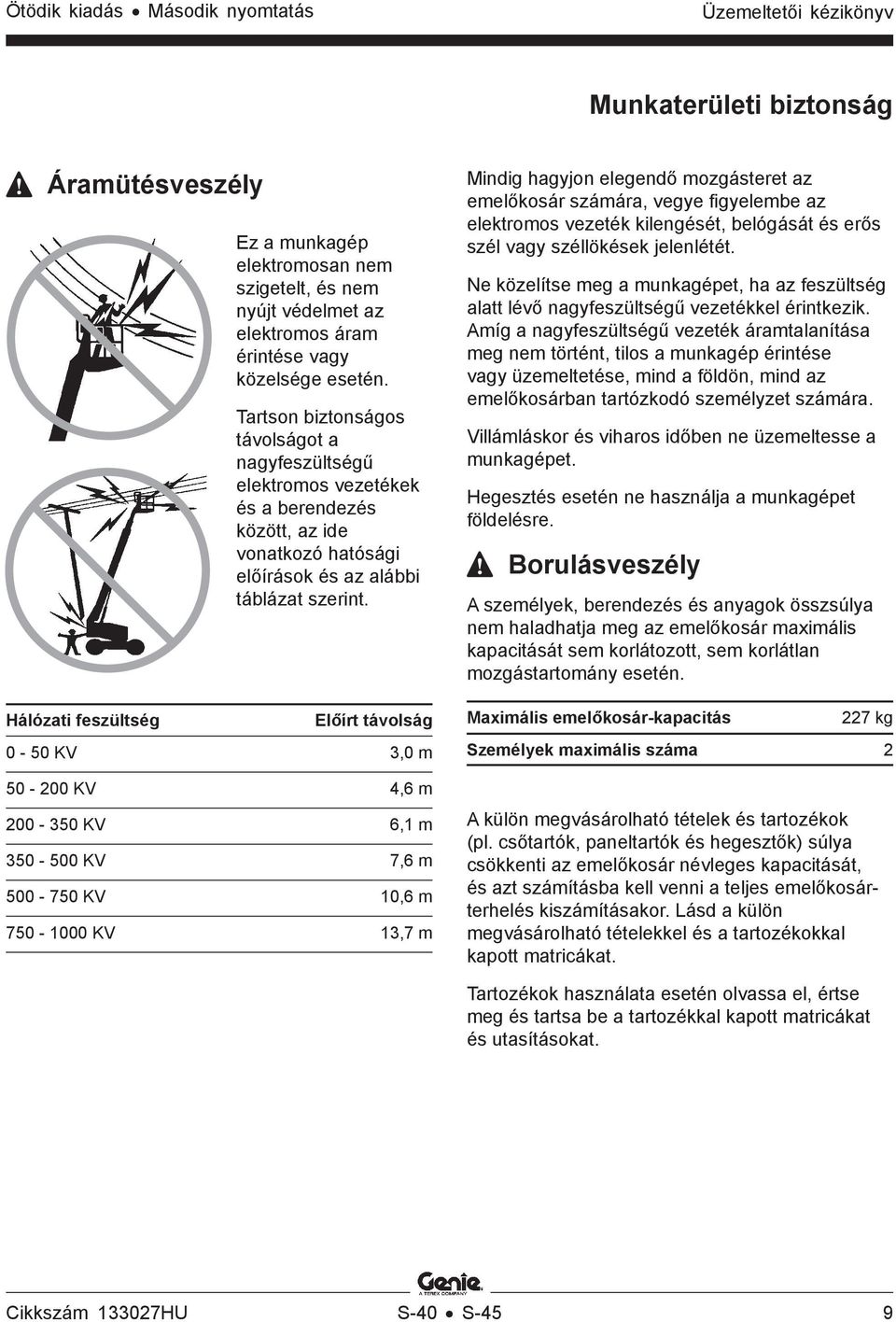 Hálózati feszültség Előírt távolság 0-50 KV 3,0 m 50-200 KV 4,6 m 200-350 KV 6,1 m 350-500 KV 7,6 m 500-750 KV 10,6 m 750-1000 KV 13,7 m Mindig hagyjon elegendő mozgásteret az emelőkosár számára,