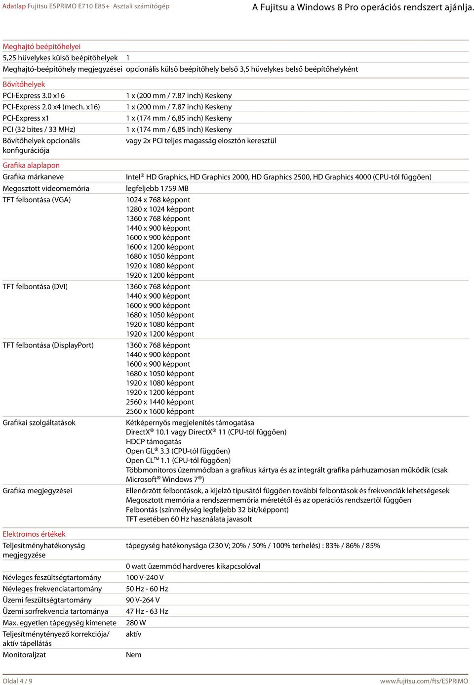 x16) PCI-Express x1 PCI (32 bites / 33 MHz) Bővítőhelyek opcionális konfigurációja Grafika alaplapon Grafika márkaneve Megosztott videomemória TFT felbontása (VGA) TFT felbontása (DVI) TFT felbontása