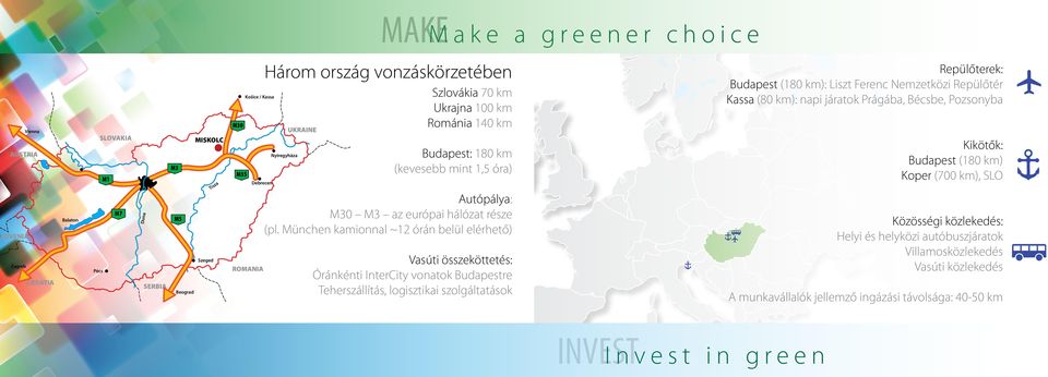 München kamionnal ~12 órán belül elérhető) Vasúti összeköttetés: Óránkénti InterCity vonatok Budapestre Teherszállítás, logisztikai szolgáltatások Repülőterek: Budapest (180 km): Liszt Ferenc