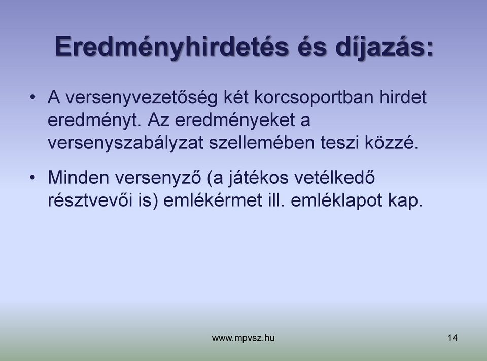 Az eredményeket a versenyszabályzat szellemében teszi közzé.